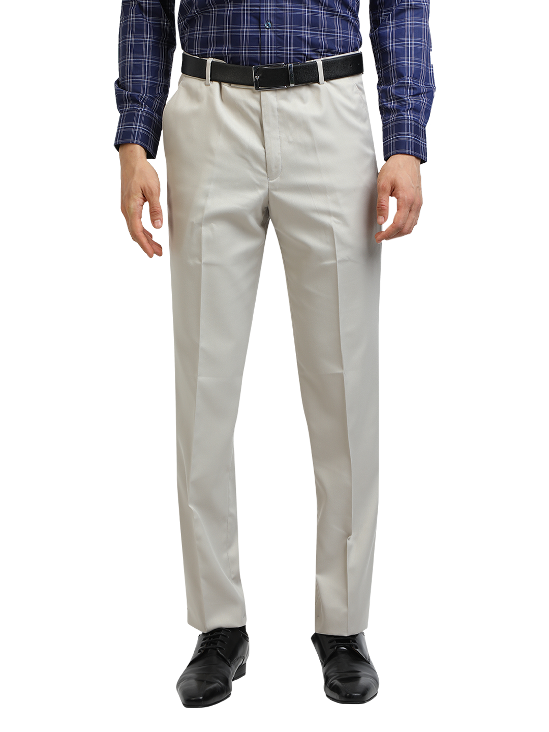 Model wearing Clarke Gable's Light Grey Smart Fit Trousers in a casual setting