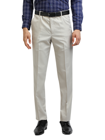 Model wearing Clarke Gable's Light Grey Smart Fit Trousers in a casual setting