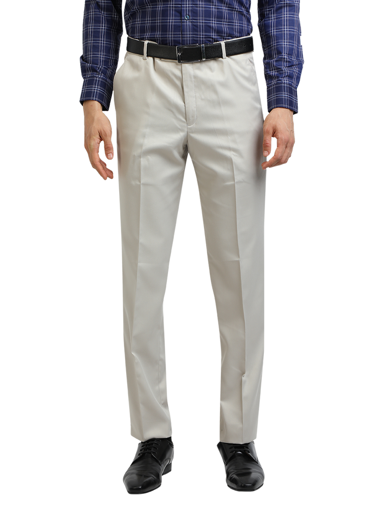 Model wearing Clarke Gable's Light Grey Smart Fit Trousers in a casual setting