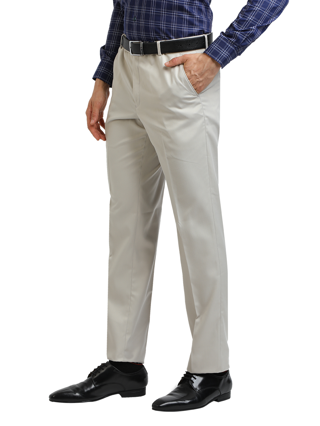 Model wearing Clarke Gable's Light Grey Smart Fit Trousers in a casual setting