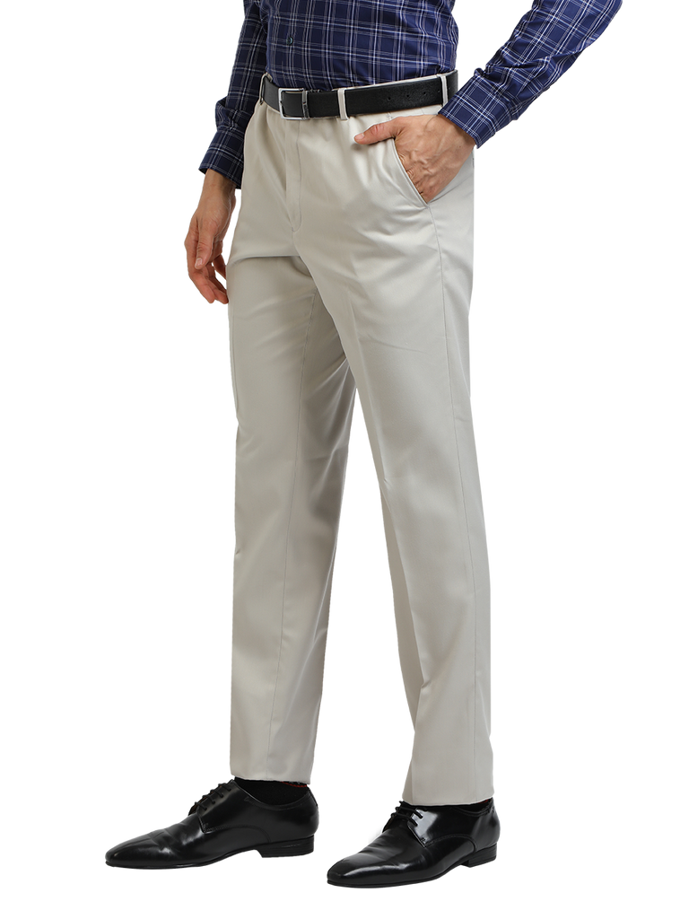 Model wearing Clarke Gable's Light Grey Smart Fit Trousers in a casual setting