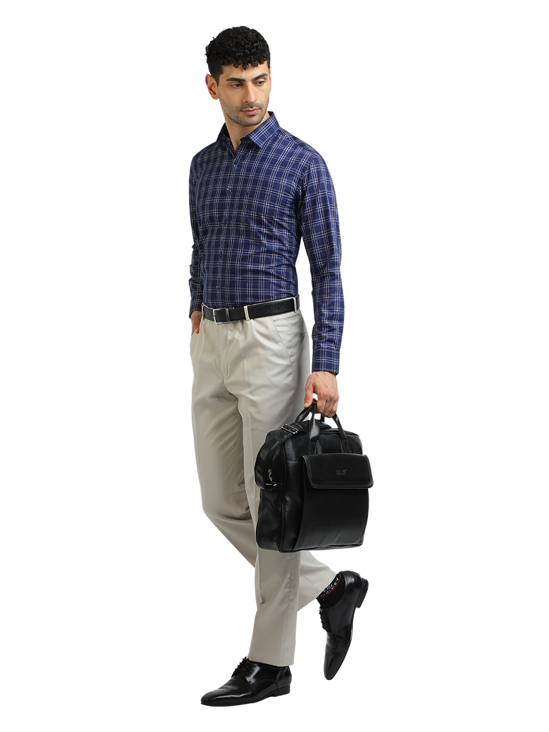 Model wearing Clarke Gable's Light Grey Smart Fit Trousers in a casual setting