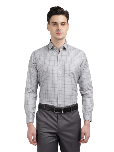 Model wearing Clarke Gable's Light Grey With Black Checked Formal Shirt in a casual setting