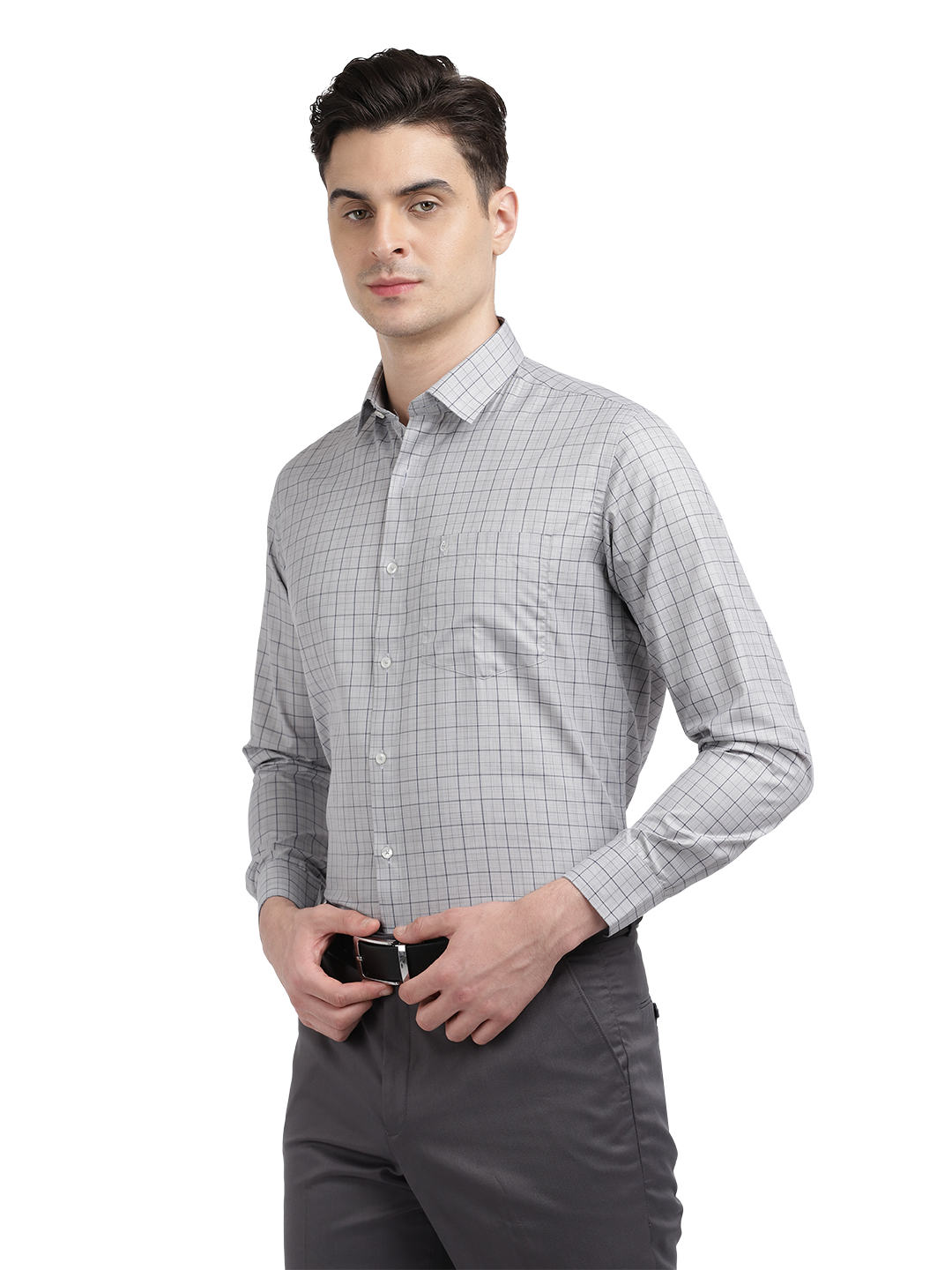 Model wearing Clarke Gable's Light Grey With Black Checked Formal Shirt in a casual setting