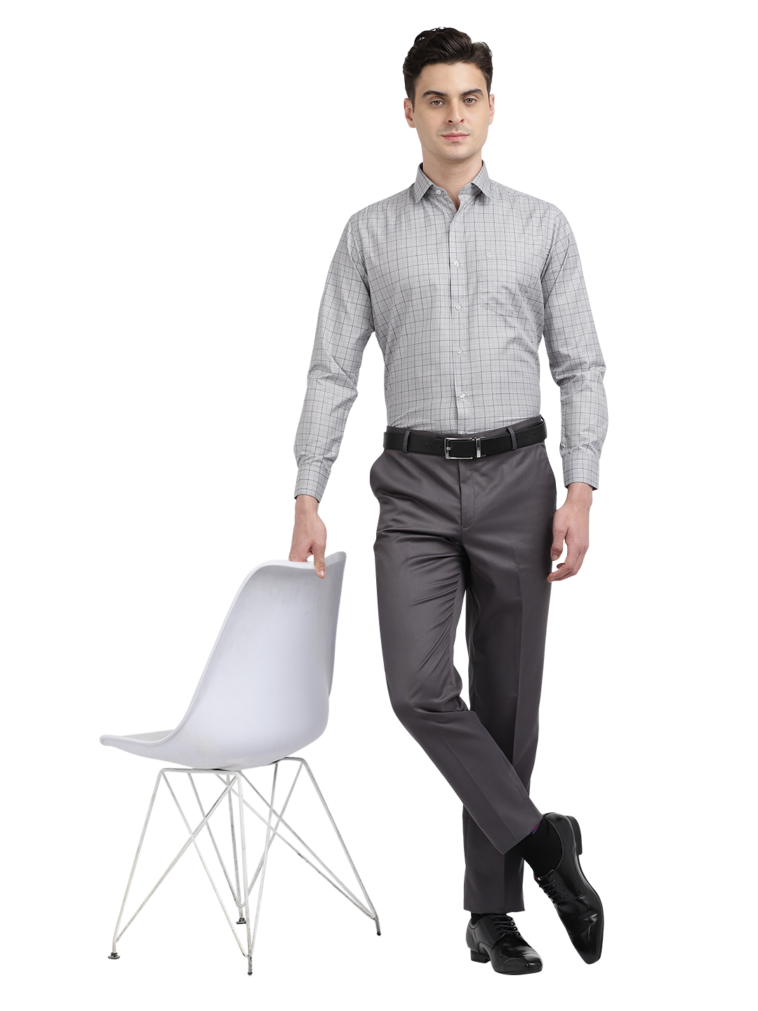 Model wearing Clarke Gable's Light Grey With Black Checked Formal Shirt in a casual setting