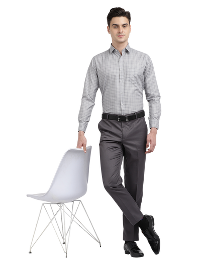 Model wearing Clarke Gable's Light Grey With Black Checked Formal Shirt in a casual setting