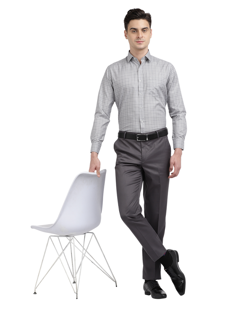 Model wearing Clarke Gable's Light Grey With Black Checked Formal Shirt in a casual setting