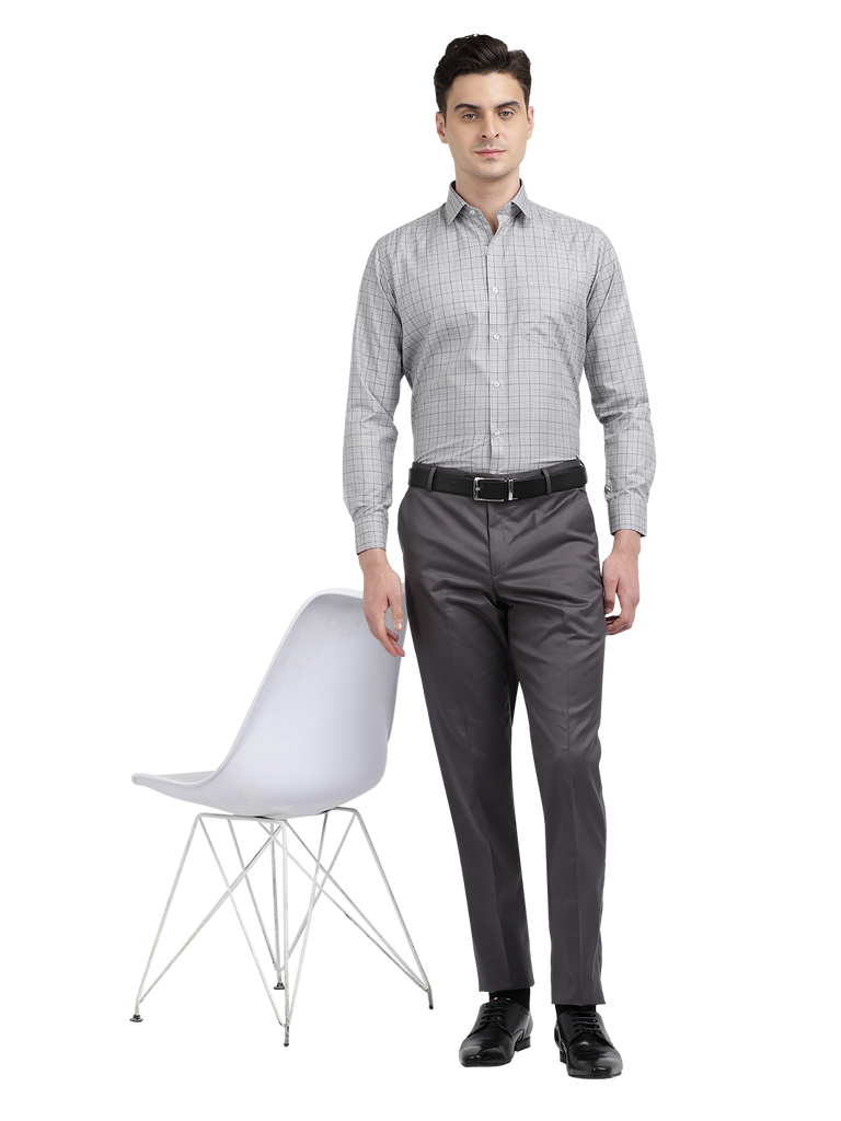 Model wearing Clarke Gable's Light Grey With Black Checked Formal Shirt in a casual setting