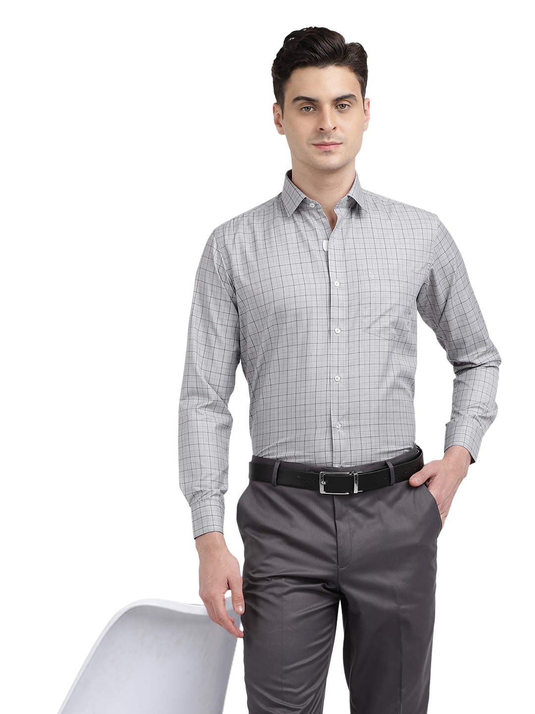 Model wearing Clarke Gable's Light Grey With Black Checked Formal Shirt in a casual setting