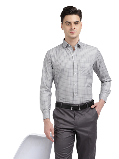 Model wearing Clarke Gable's Light Grey With Black Checked Formal Shirt in a casual setting