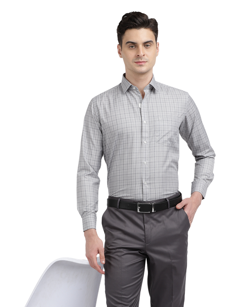 Model wearing Clarke Gable's Light Grey With Black Checked Formal Shirt in a casual setting