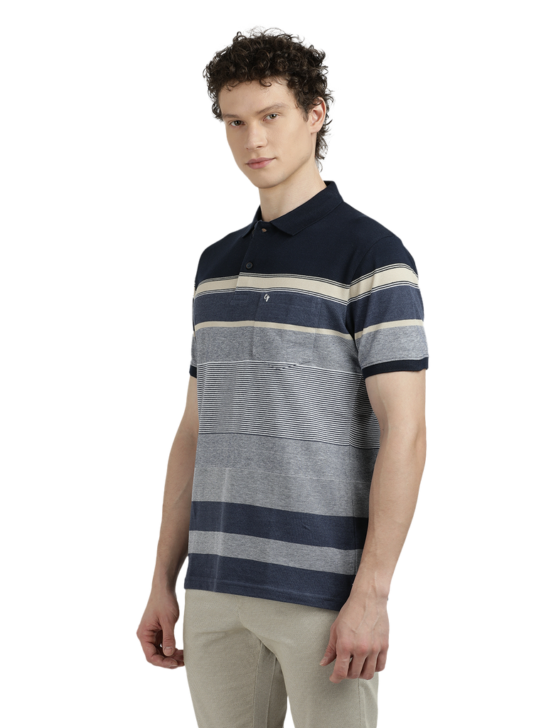 Model wearing Clarke Gable's Light Grey With Dark Grey Striped Polo Collar T-Shirt in a casual setting