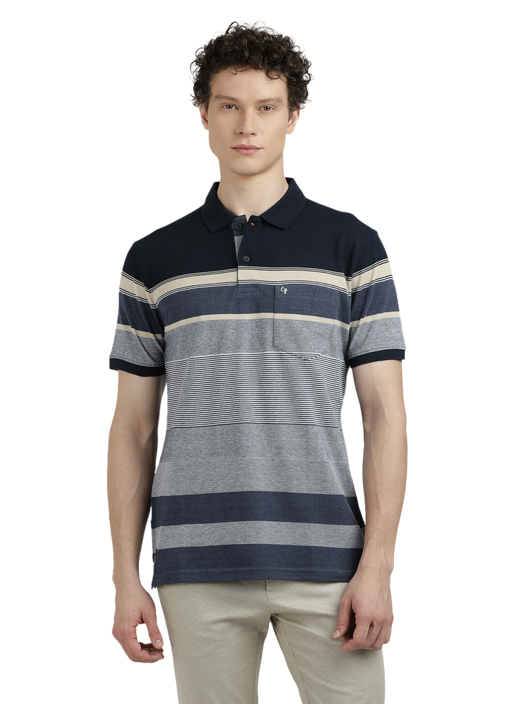 Model wearing Clarke Gable's Light Grey With Dark Grey Striped Polo Collar T-Shirt in a casual setting