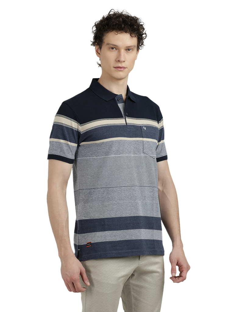 Model wearing Clarke Gable's Light Grey With Dark Grey Striped Polo Collar T-Shirt in a casual setting