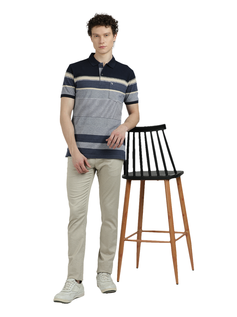 Model wearing Clarke Gable's Light Grey With Dark Grey Striped Polo Collar T-Shirt in a casual setting