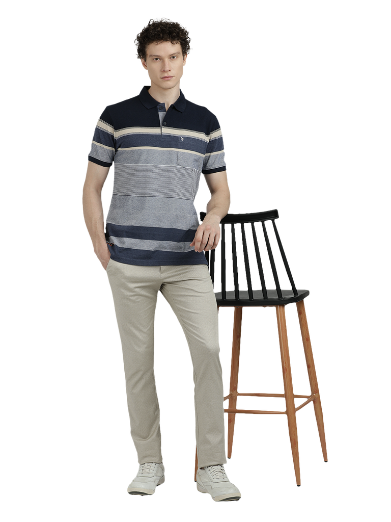 Model wearing Clarke Gable's Light Grey With Dark Grey Striped Polo Collar T-Shirt in a casual setting