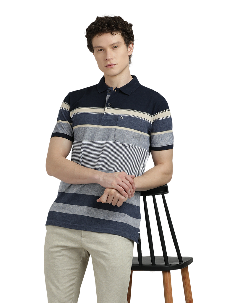 Model wearing Clarke Gable's Light Grey With Dark Grey Striped Polo Collar T-Shirt in a casual setting