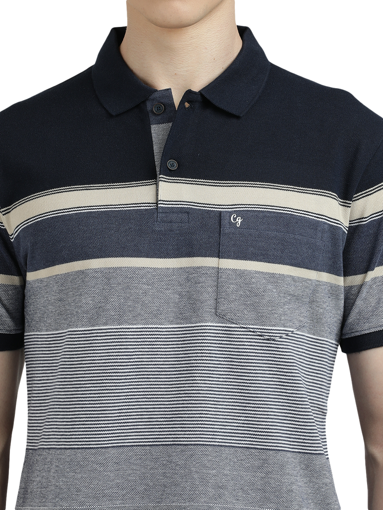 Model wearing Clarke Gable's Light Grey With Dark Grey Striped Polo Collar T-Shirt in a casual setting