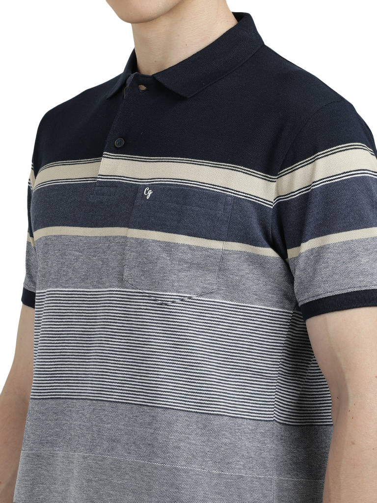 Model wearing Clarke Gable's Light Grey With Dark Grey Striped Polo Collar T-Shirt in a casual setting