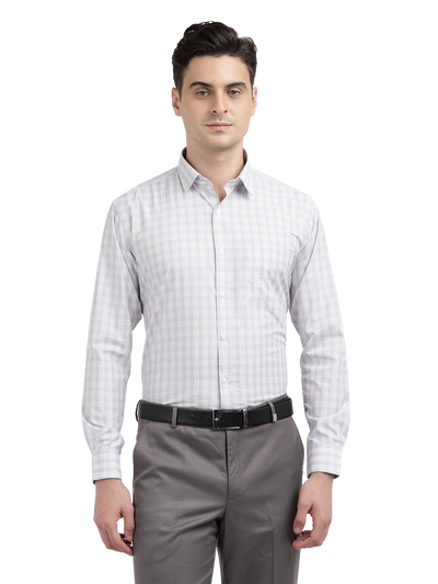 Model wearing Clarke Gable's Light Grey With White Checked Formal Shirt in a casual setting