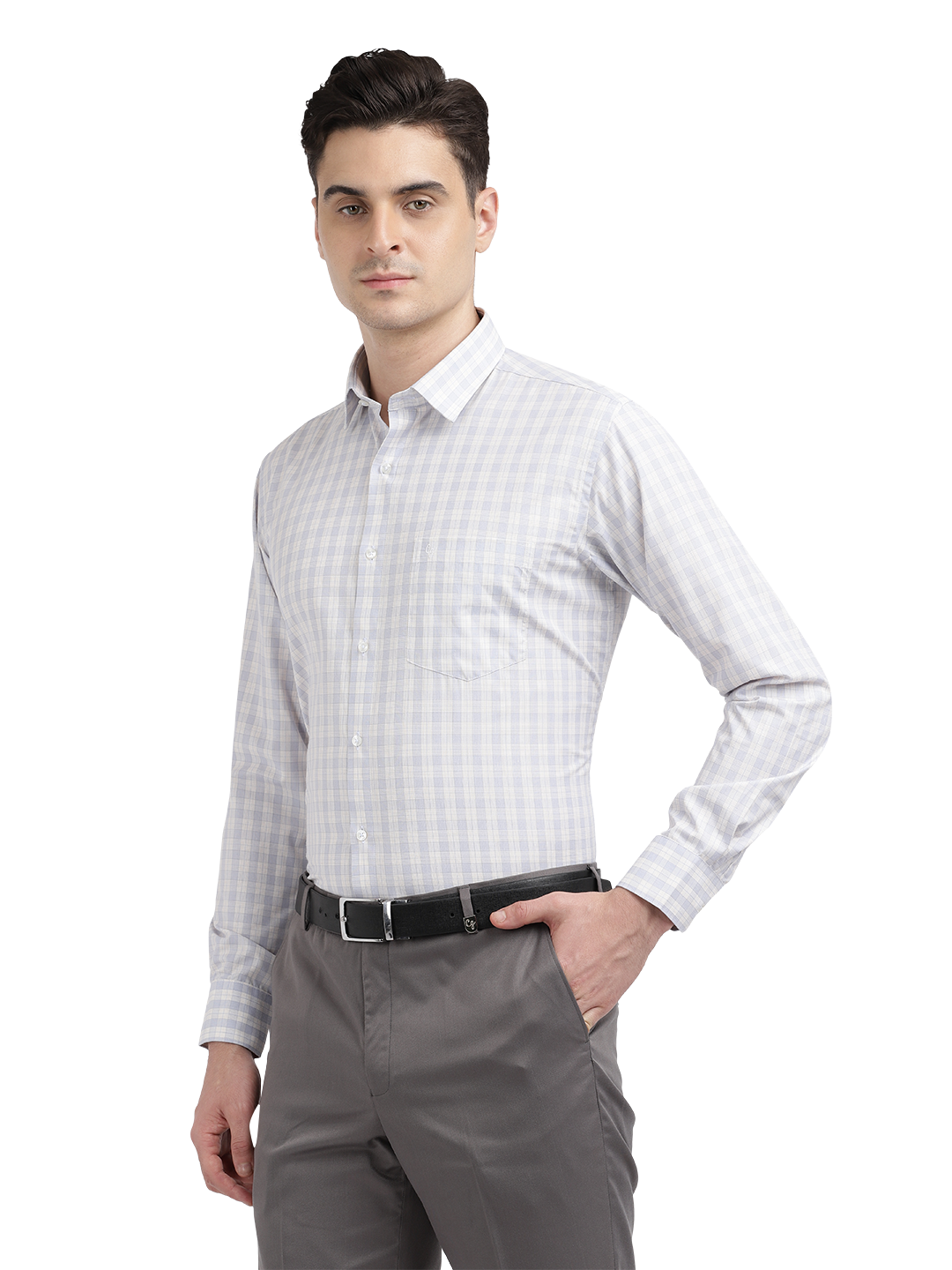 Model wearing Clarke Gable's Light Grey With White Checked Formal Shirt in a casual setting