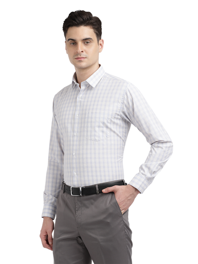 Model wearing Clarke Gable's Light Grey With White Checked Formal Shirt in a casual setting