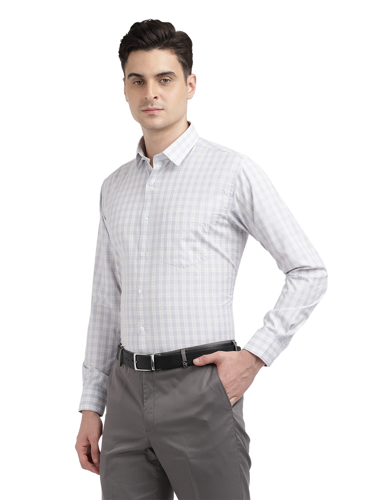 Model wearing Clarke Gable's Light Grey With White Checked Formal Shirt in a casual setting
