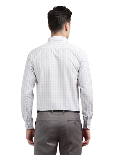 Model wearing Clarke Gable's Light Grey With White Checked Formal Shirt in a casual setting