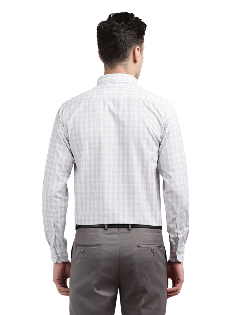 Model wearing Clarke Gable's Light Grey With White Checked Formal Shirt in a casual setting