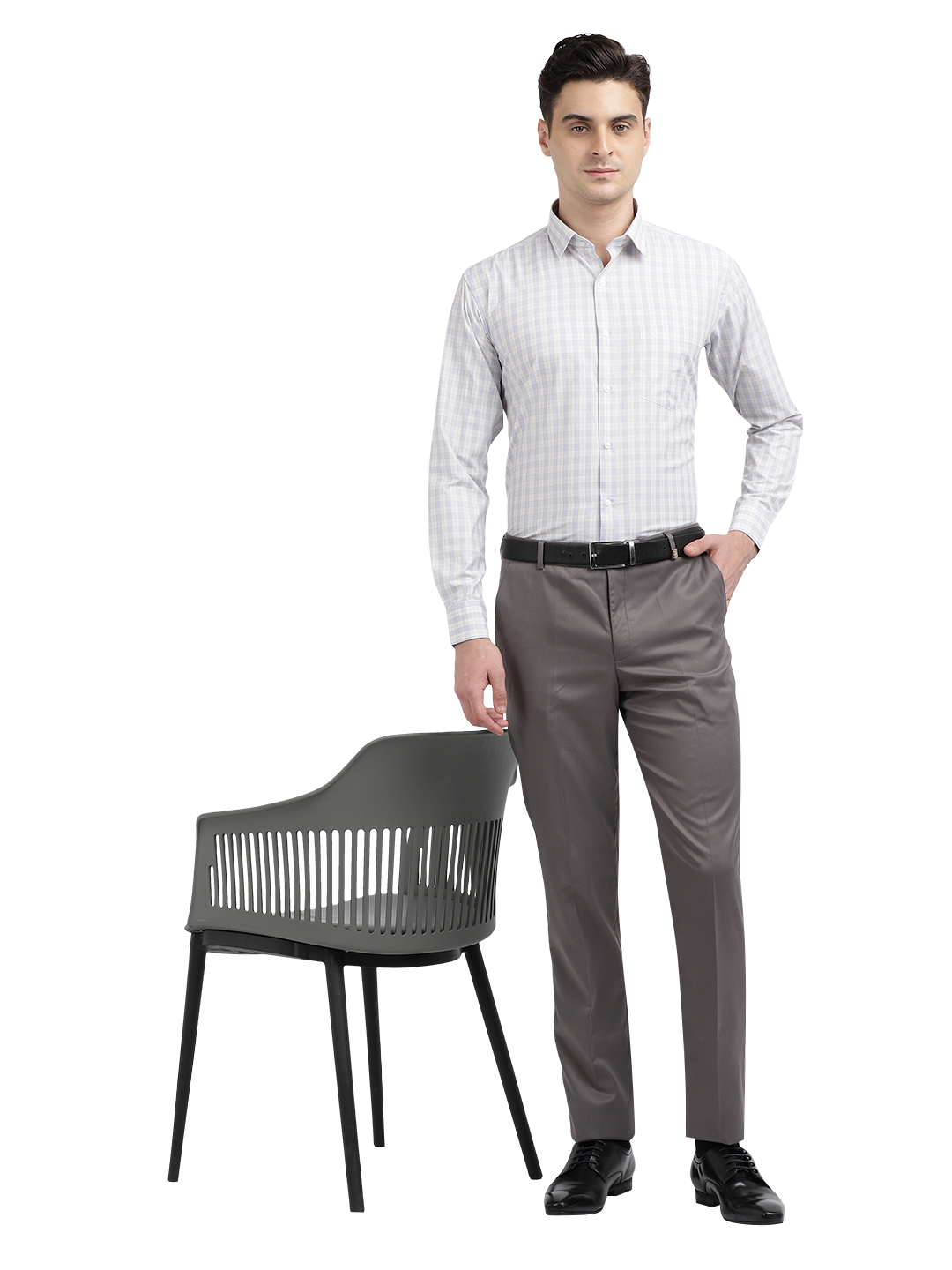 Model wearing Clarke Gable's Light Grey With White Checked Formal Shirt in a casual setting