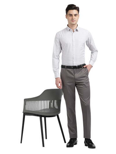 Model wearing Clarke Gable's Light Grey With White Checked Formal Shirt in a casual setting