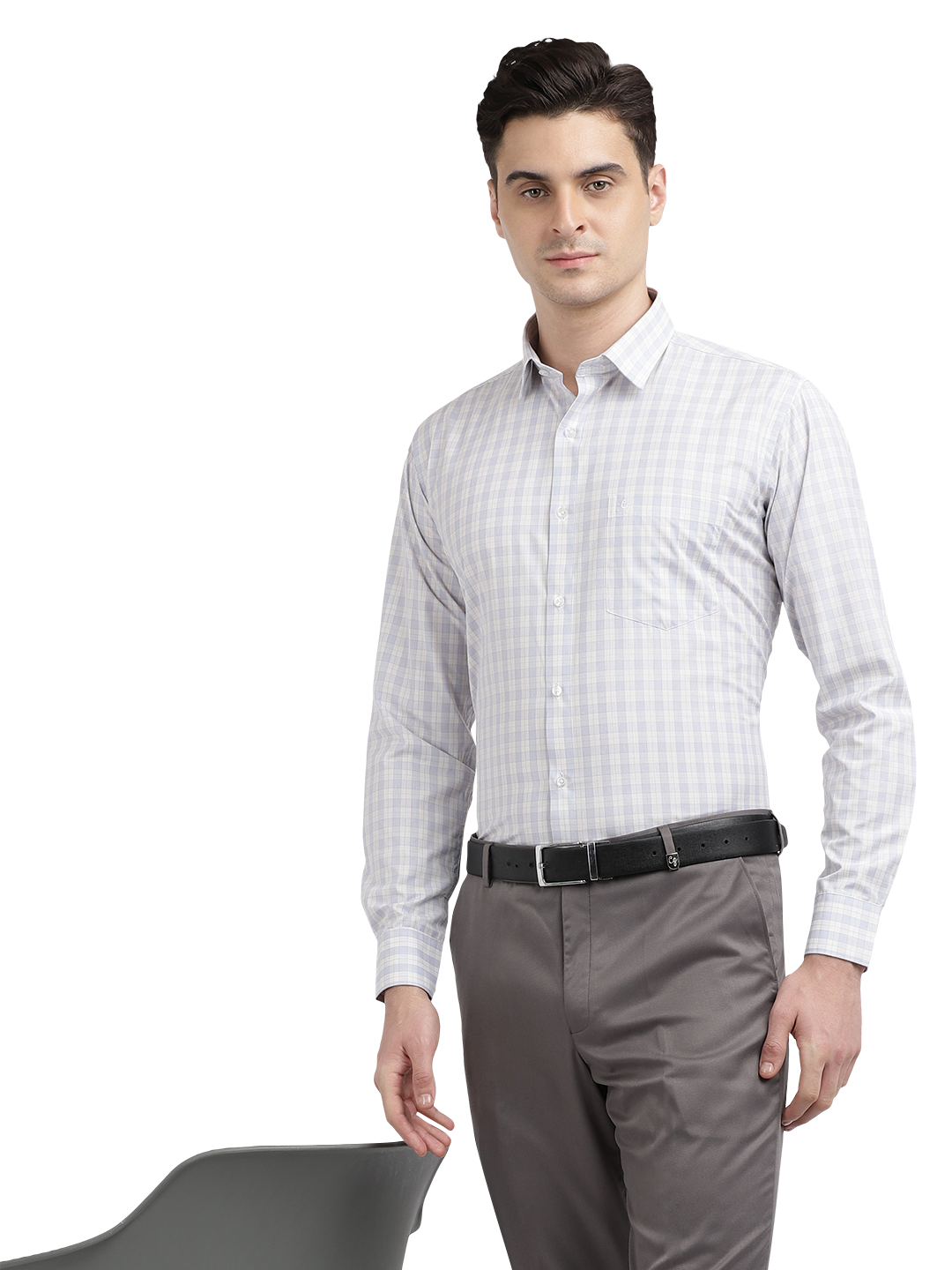 Model wearing Clarke Gable's Light Grey With White Checked Formal Shirt in a casual setting