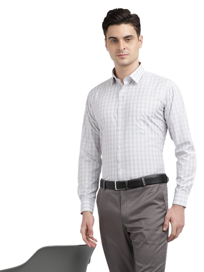 Model wearing Clarke Gable's Light Grey With White Checked Formal Shirt in a casual setting