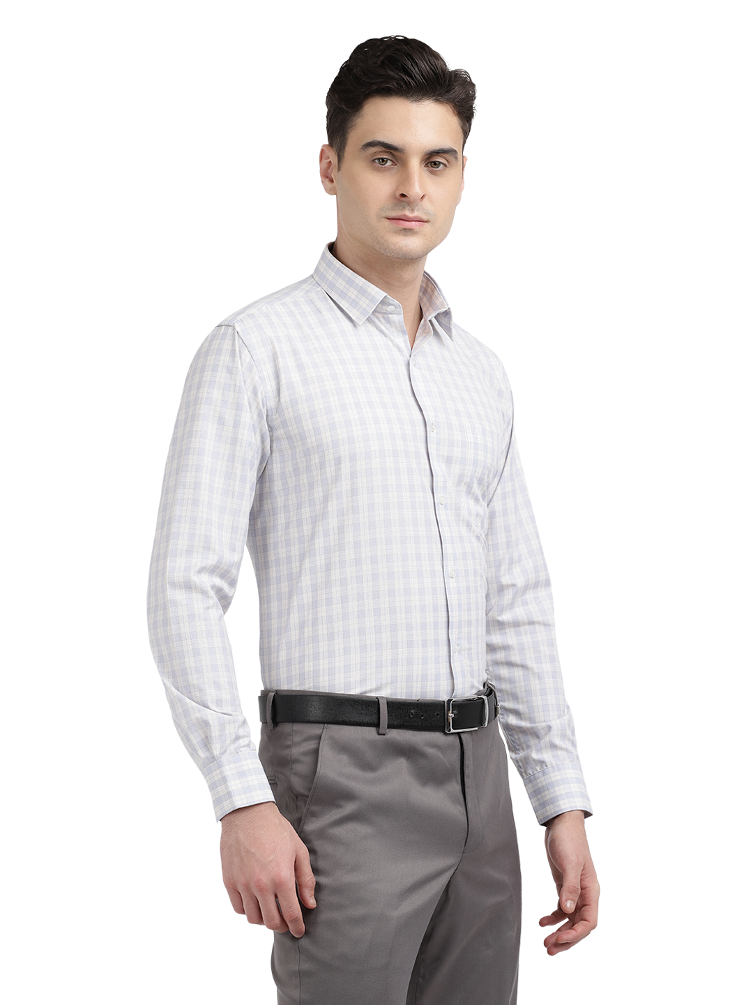 Model wearing Clarke Gable's Light Grey With White Checked Formal Shirt in a casual setting