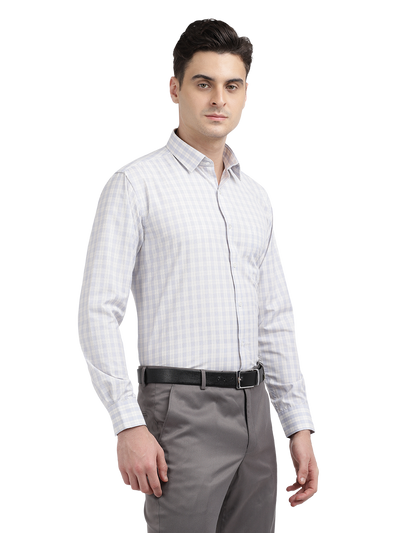 Model wearing Clarke Gable's Light Grey With White Checked Formal Shirt in a casual setting