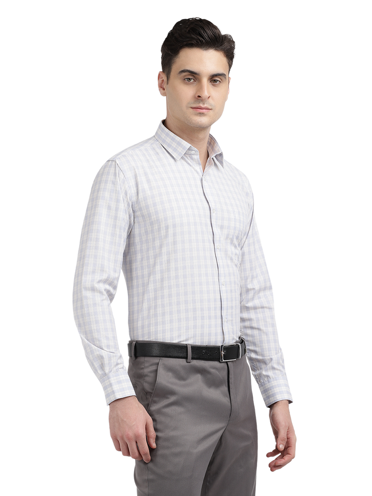 Model wearing Clarke Gable's Light Grey With White Checked Formal Shirt in a casual setting
