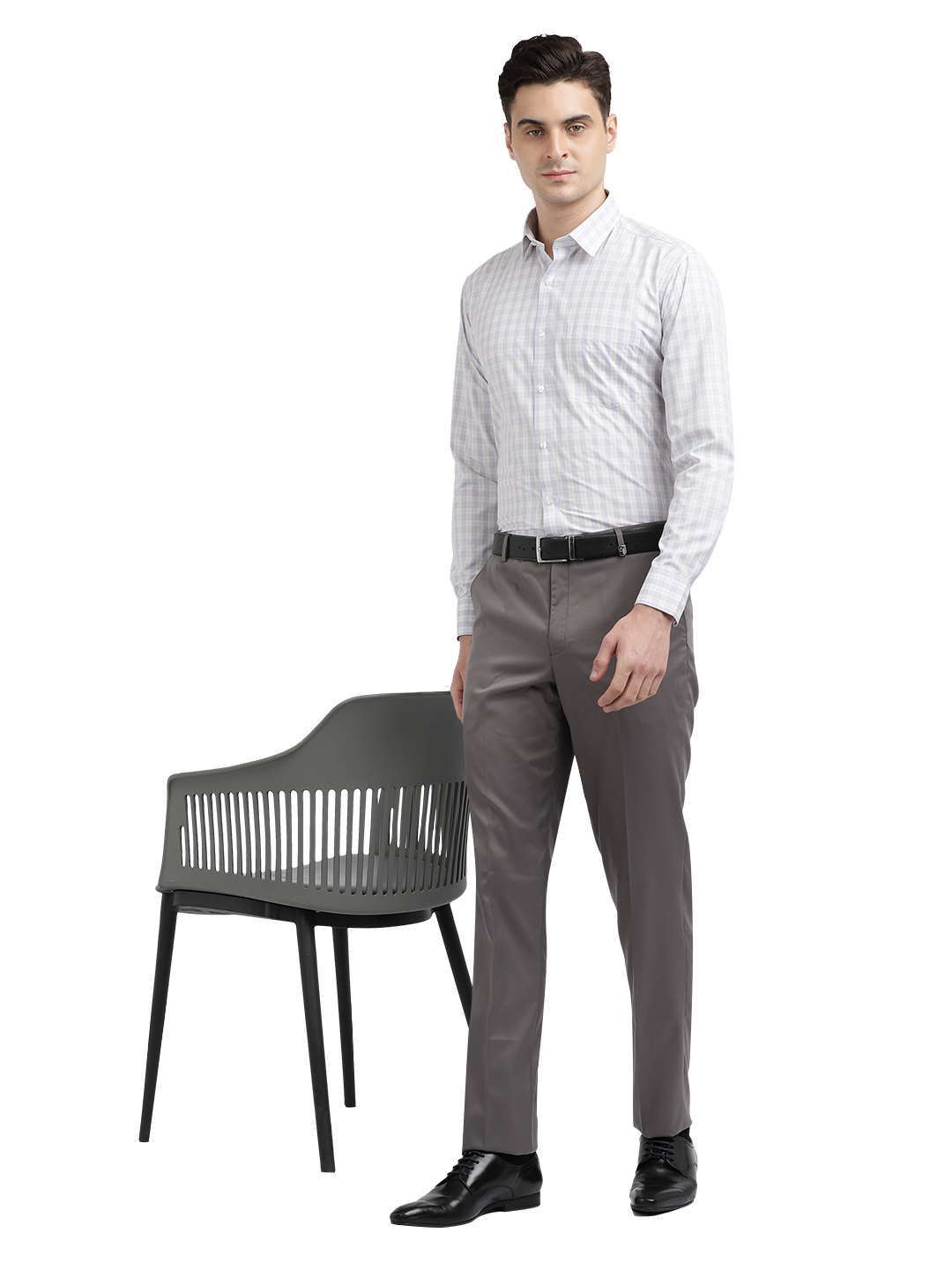 Model wearing Clarke Gable's Light Grey With White Checked Formal Shirt in a casual setting