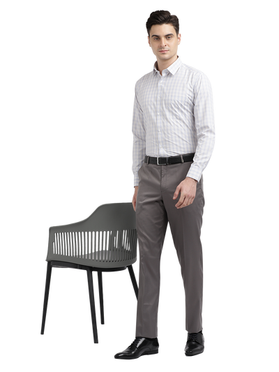Model wearing Clarke Gable's Light Grey With White Checked Formal Shirt in a casual setting