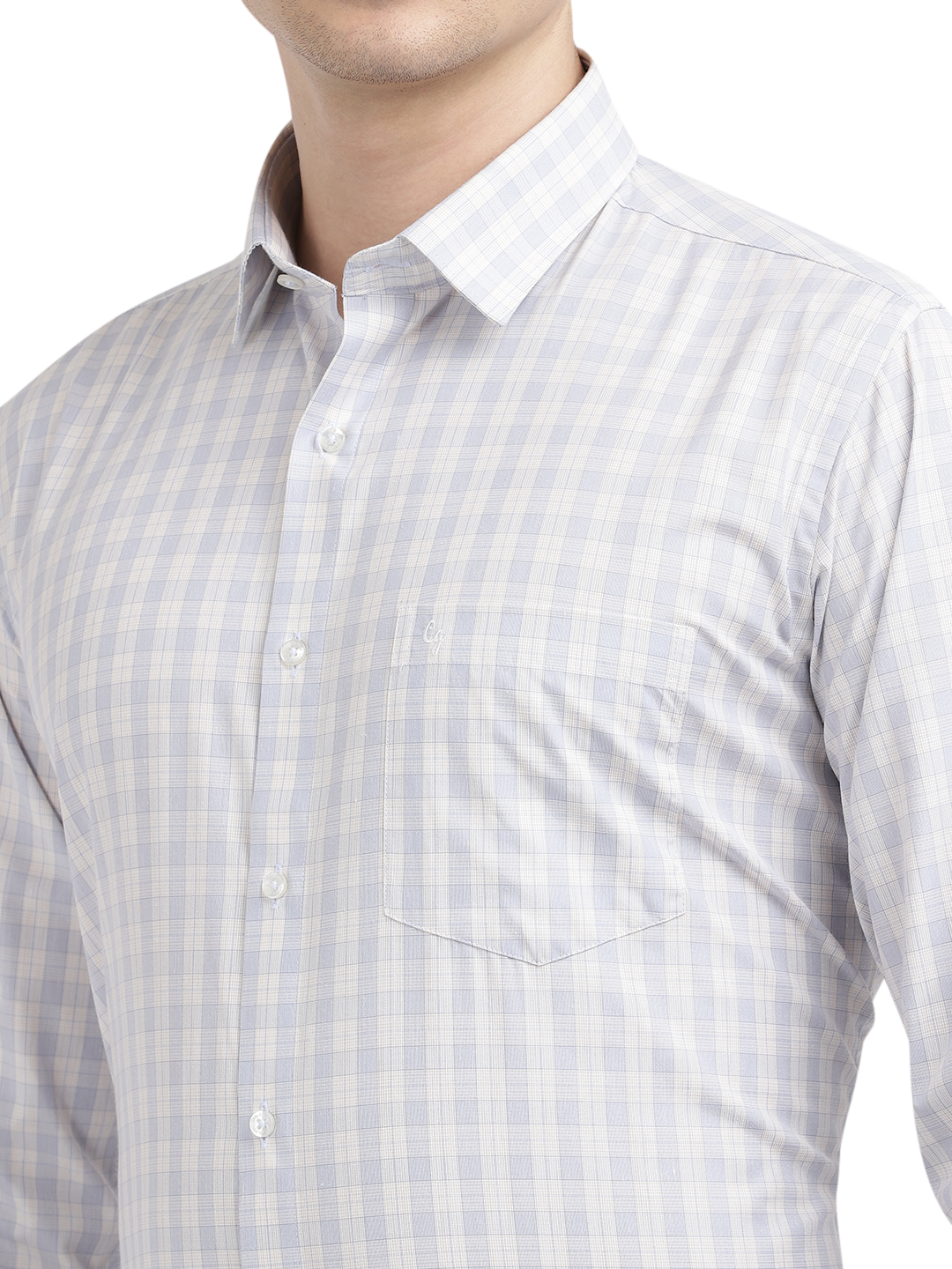 Model wearing Clarke Gable's Light Grey With White Checked Formal Shirt in a casual setting