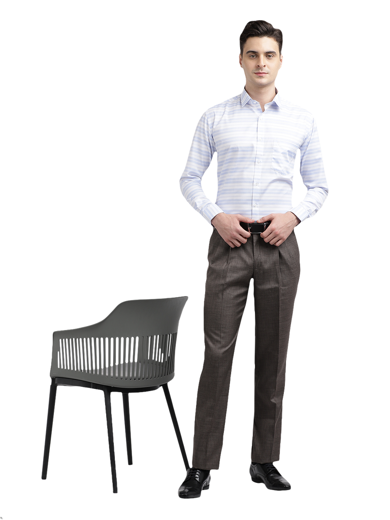 Model wearing Clarke Gable's Light Grey With White Striped Formal Shirt in a casual setting