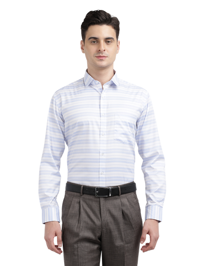 Model wearing Clarke Gable's Light Grey With White Striped Formal Shirt in a casual setting