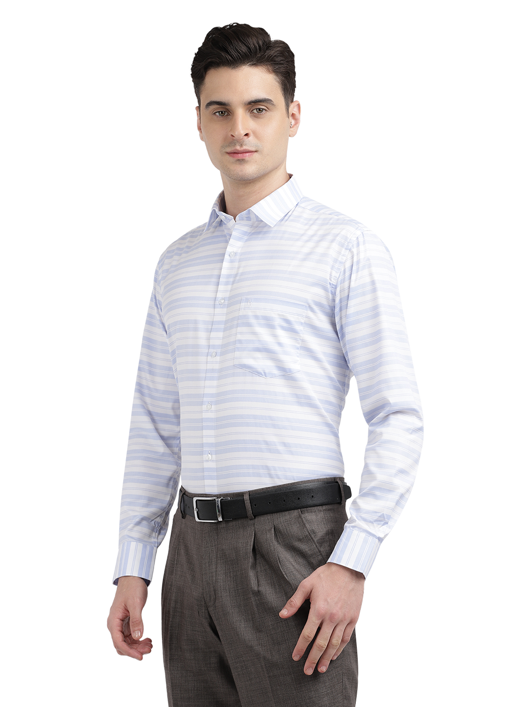 Model wearing Clarke Gable's Light Grey With White Striped Formal Shirt in a casual setting