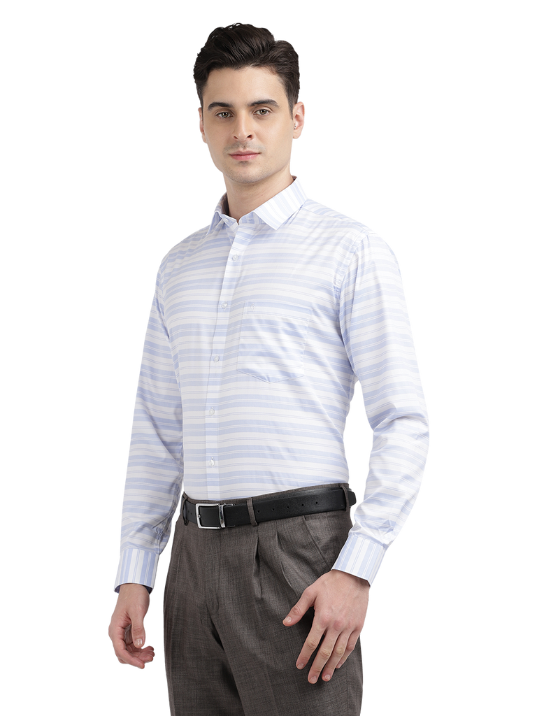 Model wearing Clarke Gable's Light Grey With White Striped Formal Shirt in a casual setting