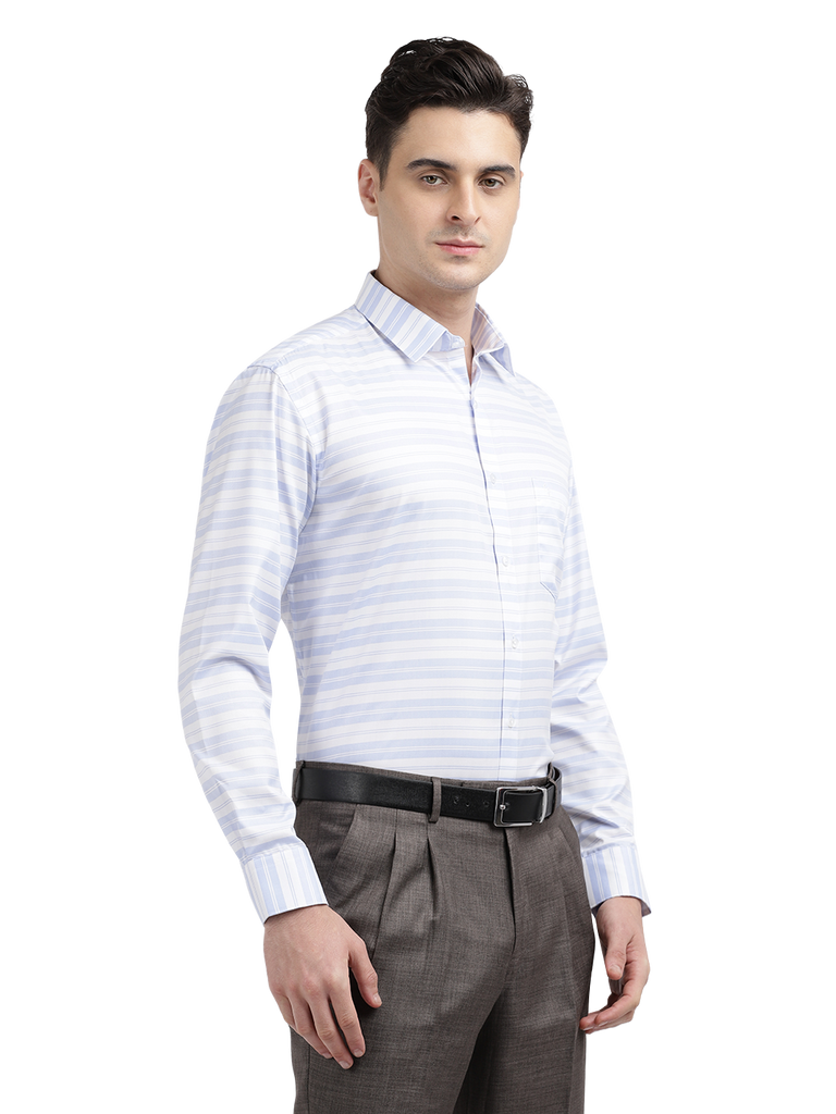 Model wearing Clarke Gable's Light Grey With White Striped Formal Shirt in a casual setting