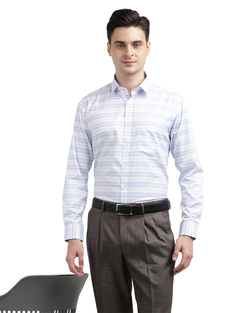 Model wearing Clarke Gable's Light Grey With White Striped Formal Shirt in a casual setting