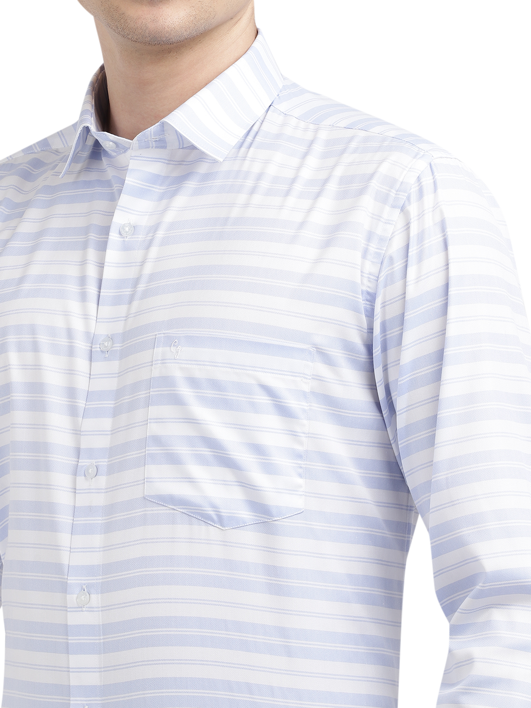 Model wearing Clarke Gable's Light Grey With White Striped Formal Shirt in a casual setting