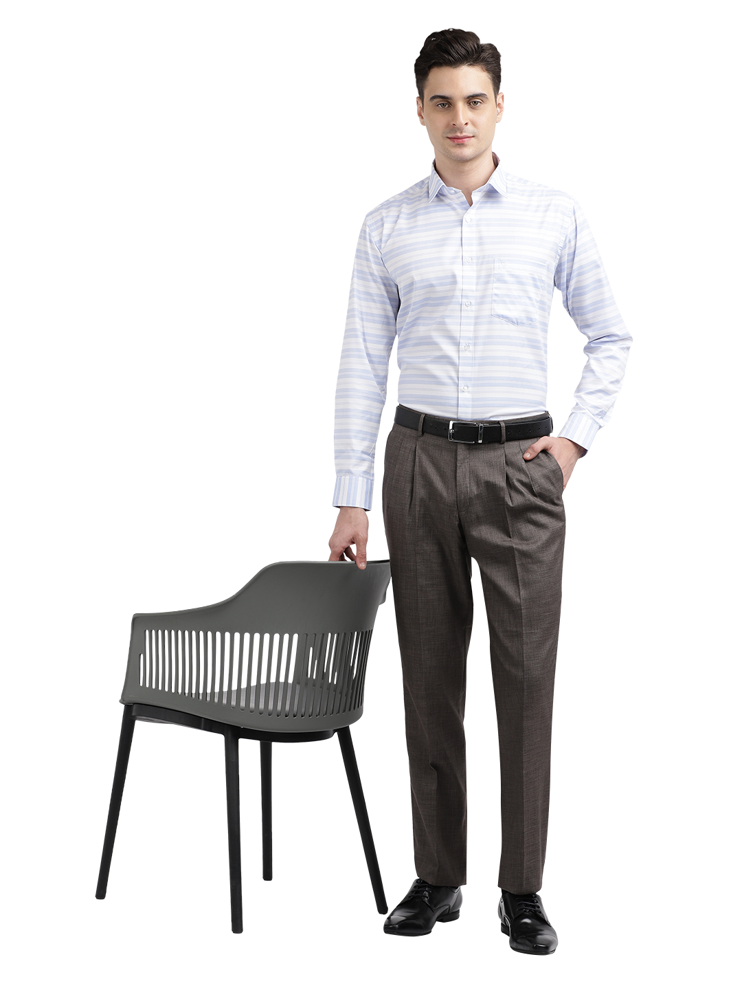 Model wearing Clarke Gable's Light Grey With White Striped Formal Shirt in a casual setting