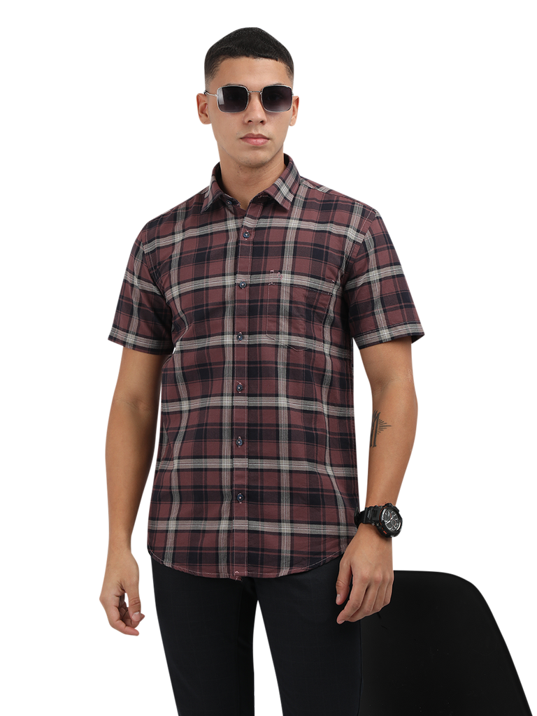 Model wearing Clarke Gable's Light Maroon Checked Semi Casual Shirt in a casual setting