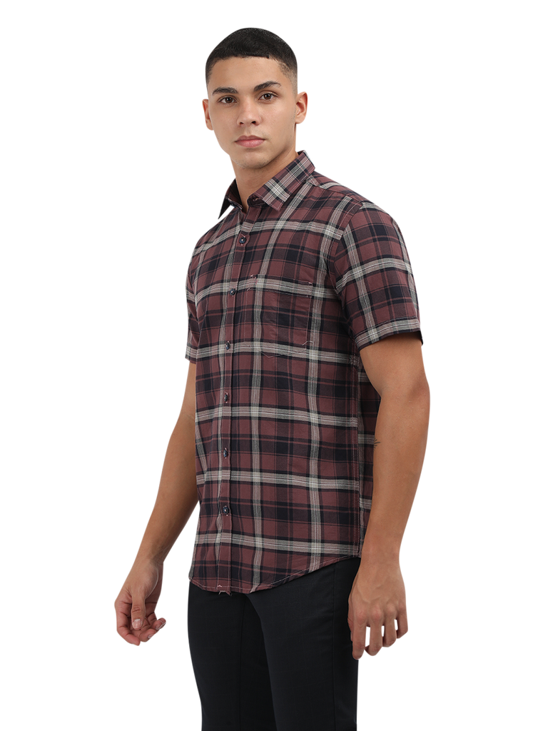 Model wearing Clarke Gable's Light Maroon Checked Semi Casual Shirt in a casual setting