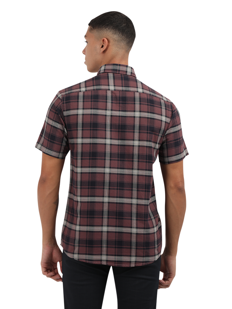 Model wearing Clarke Gable's Light Maroon Checked Semi Casual Shirt in a casual setting